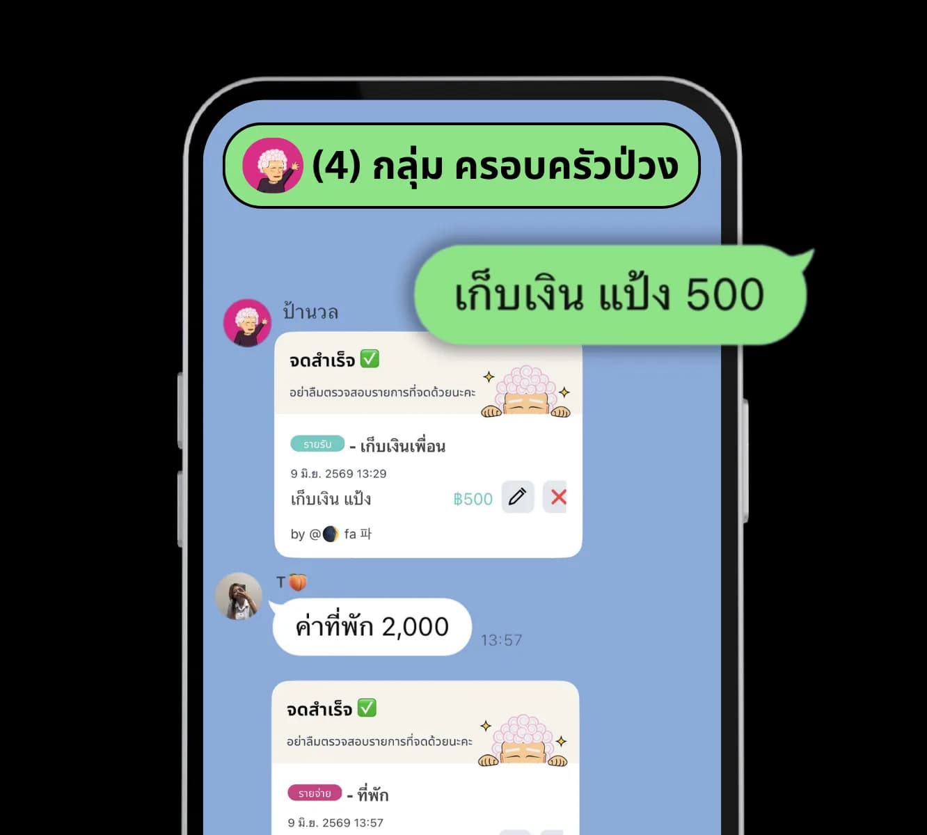 ตัวอย่างการจดรายจ่ายกลุ่มผ่านป้านวลบน LINE